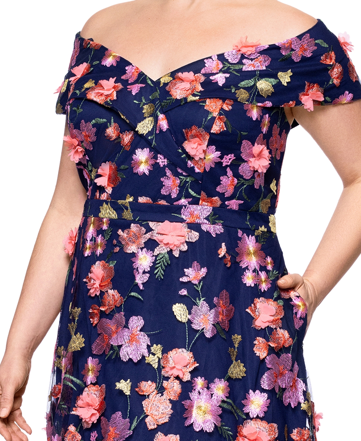 Xscape Plus Size 3d-floral Embroidered Off-the-shoulder Dress In Multi