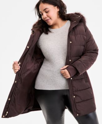 Plus Size Faux-Fur-Trim Hooded Puffer Coat, Exclusively at Macy's