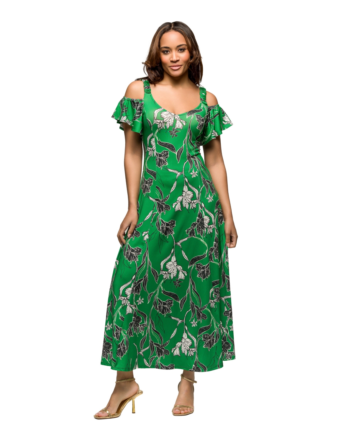 Women's Green Floral Cold Sholder Ruffle Sleeve A Line Maxi Dress - Green Mult
