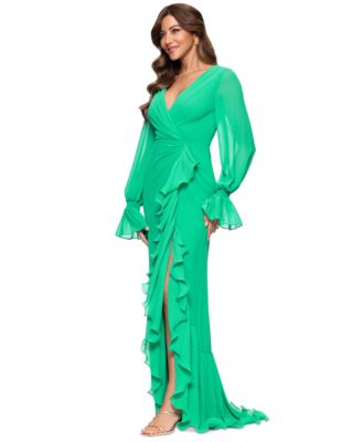 Women's V-Neck Ruffle-Trim Slit-Front Chiffon Gown
