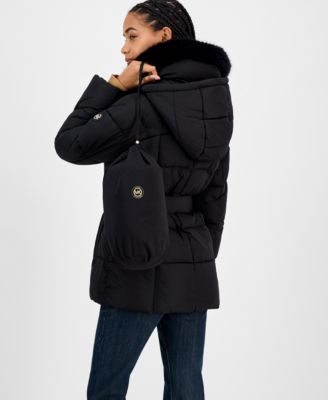 Women's Belted Hooded Faux-Fur-Collar Puffer Coat, Exclusively at Macy's