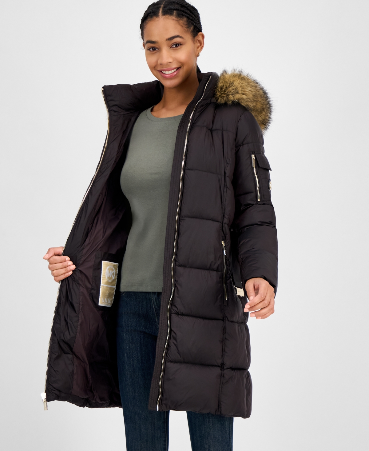 Michael Kors Michael  Women's Belted Hooded Faux-fur-trim Puffer Coat, Exclusively At Macy's In Black