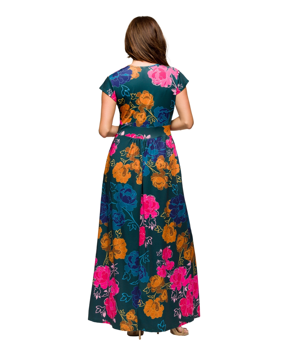 24seven Comfort Apparel Maternity Floral Print Cap Sleeve V-neck Side Slit Pocket Maxi Dress In Multi