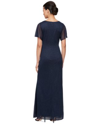 Petite Flutter-Sleeve Embellished Glitter Gown