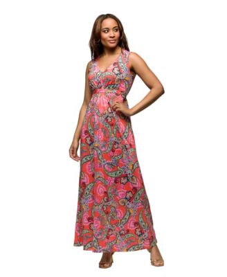 Women's Pink Paisley Print V Neck Empire Waist Sleeveless Maxi Dress