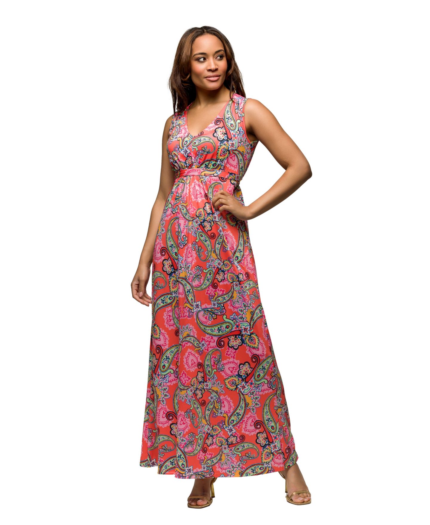 Женское платье 24seven Comfort Apparel Pink Paisley Print V Neck Empire Waist Sleeveless Maxi, цвет: Коралловый — фото 3