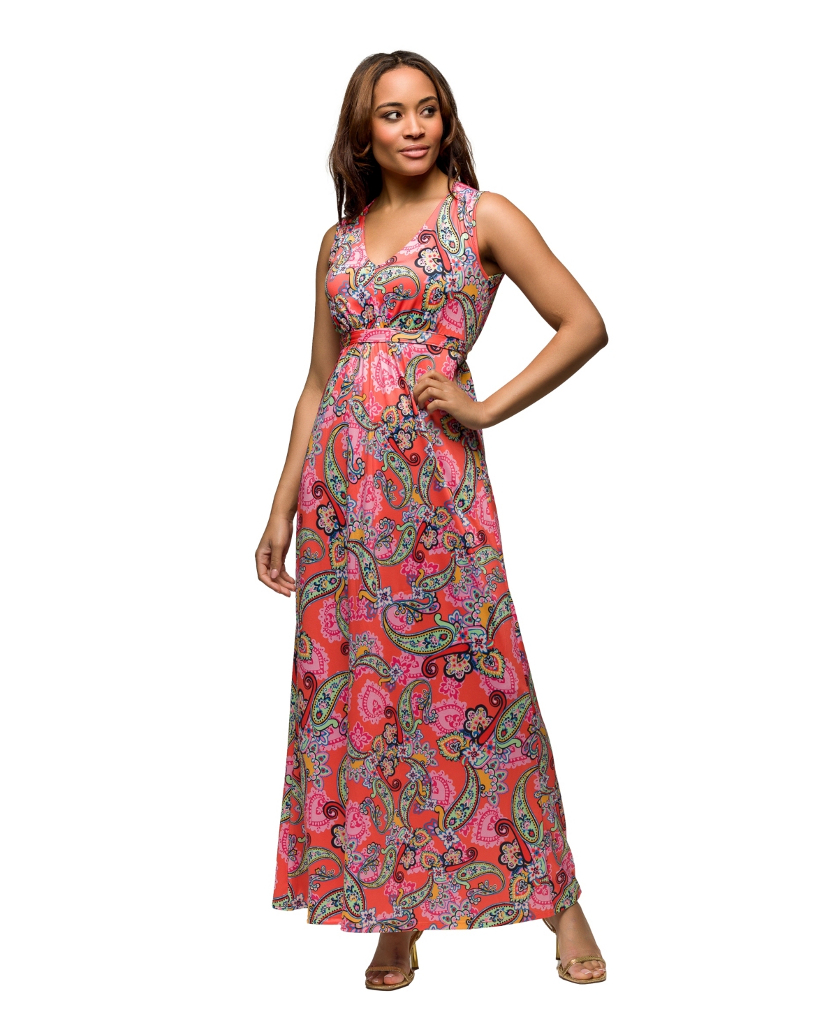 24seven Comfort Apparel Maternity Pink Paisley Print V-neck Empire Waist Sleeveless Maxi Dress In Coral Mult