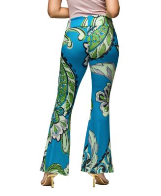 Women's Teal Paisley Print Bell Bottom Foldover Waist Pants