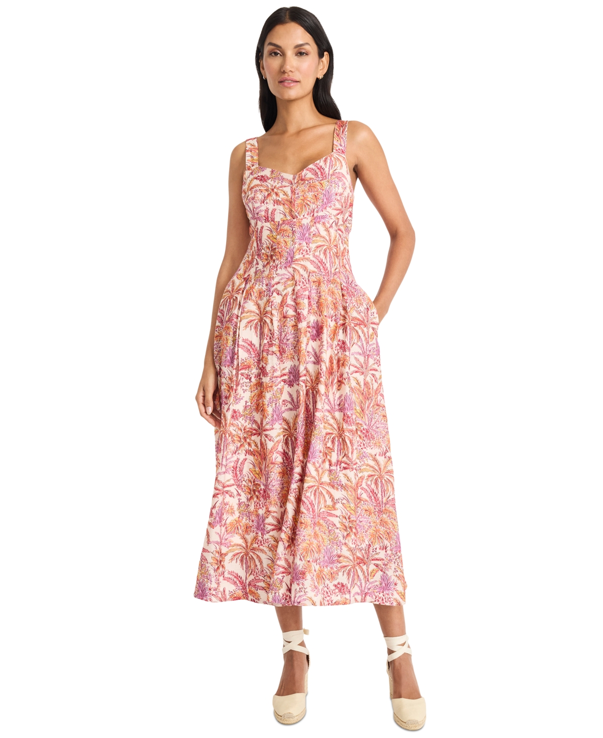 Women's Printed Empire-Waist Midi Dress - Cream/Citrus Orange