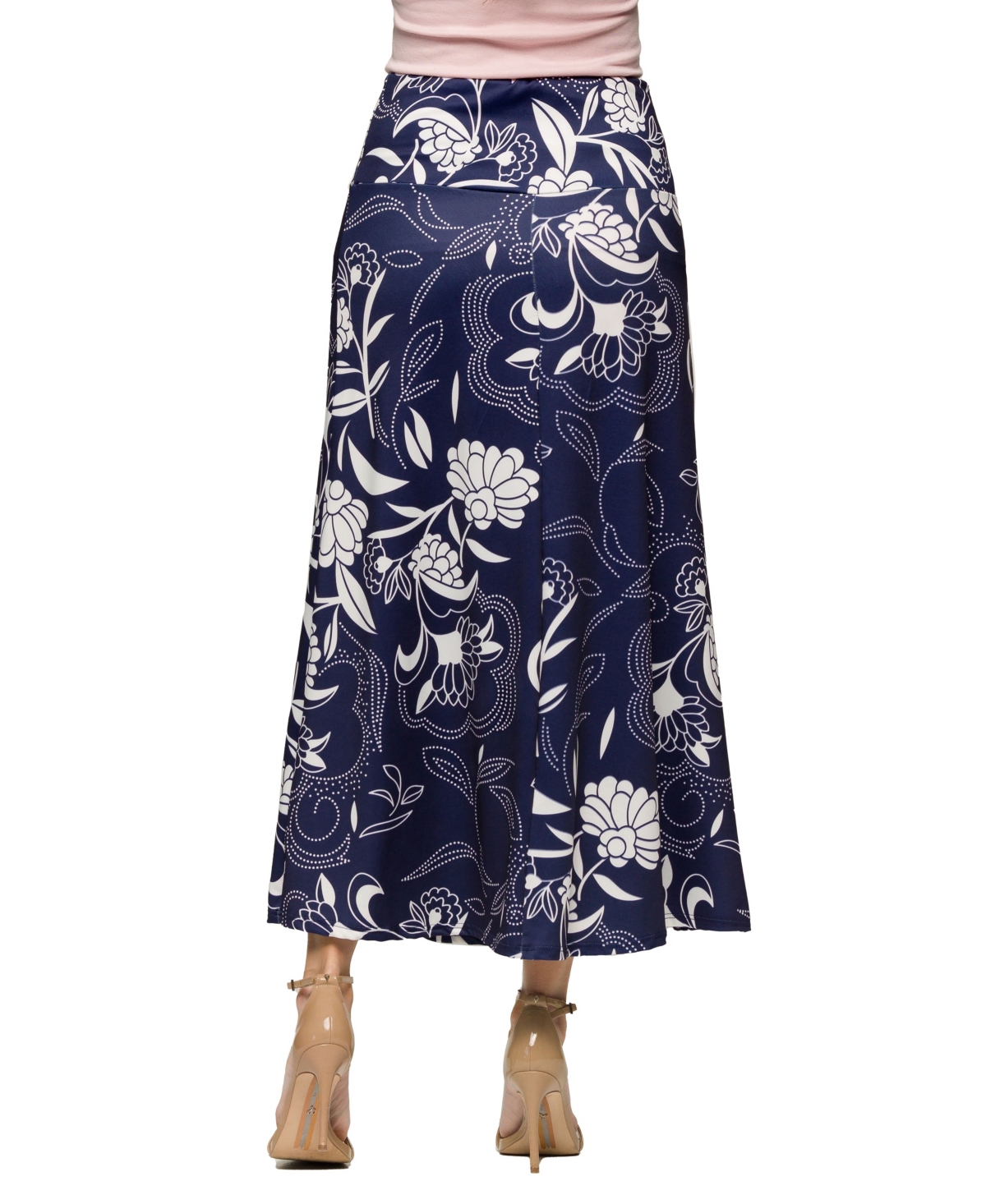 24SEVEN COMFORT APPAREL WOMEN'S NAVY FLORAL PRINT ELASTIC WAIST A LINE MAXI SKIRT 
