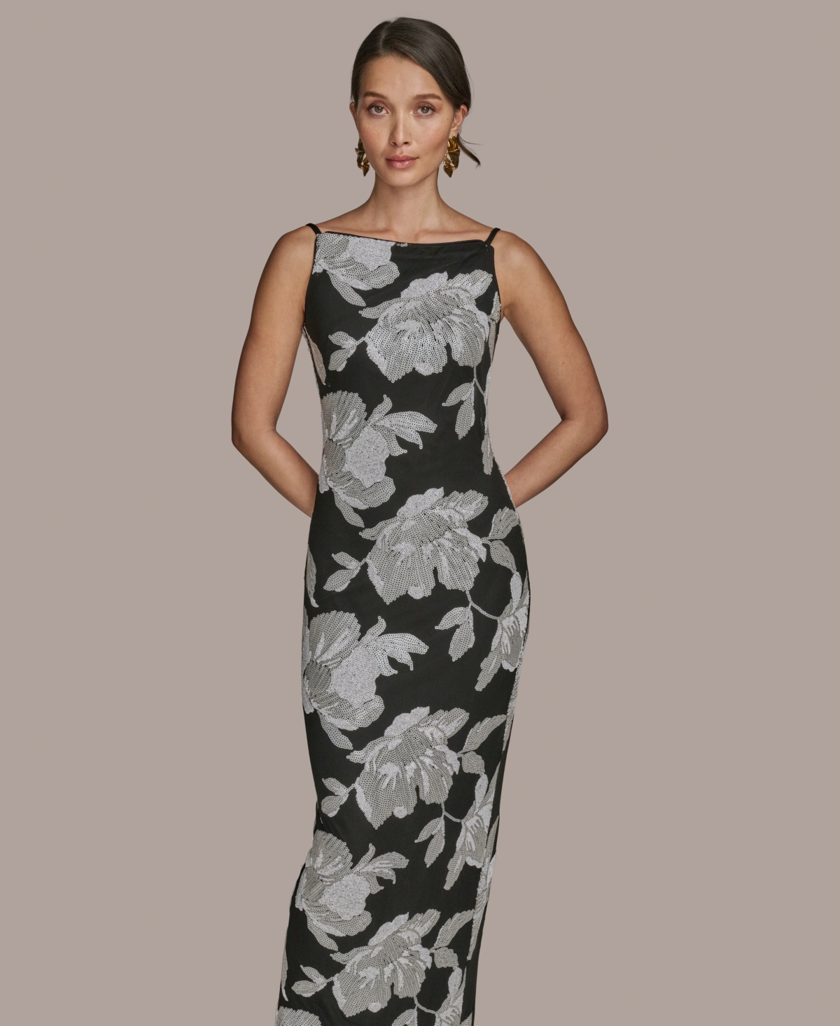 Donna Karan New York Sequin Floral Sheath Gown In Black
