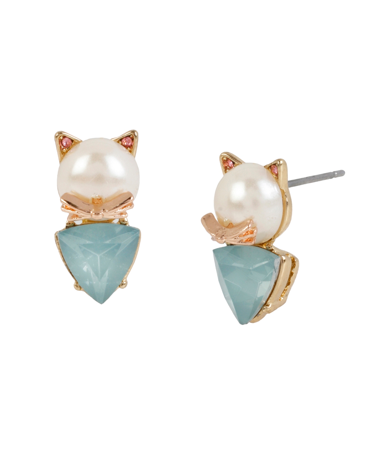 Faux Stone Cultivated Pearl Cat Two-Step Stud Earrings - Pearl, Gold