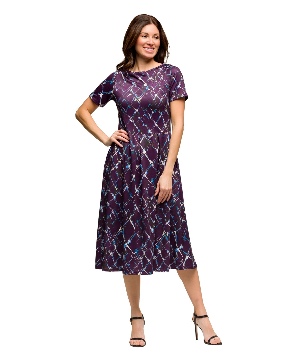 24seven Comfort Apparel Women's Purple Print Short Sleeve Pleated Flare Midi Pocket Dress - Purple Mul