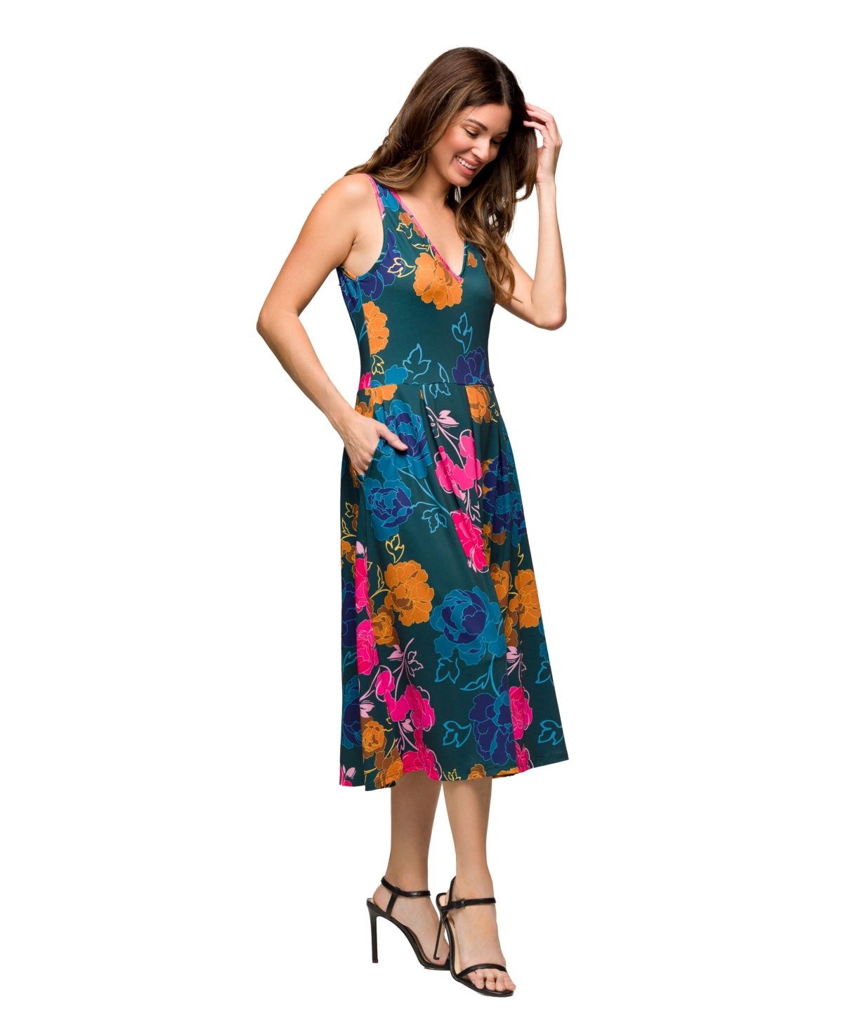 24seven Comfort Apparel Women's Midi Length Blue Floral Print Sleeveless Pleated Pocket Dress In Multi