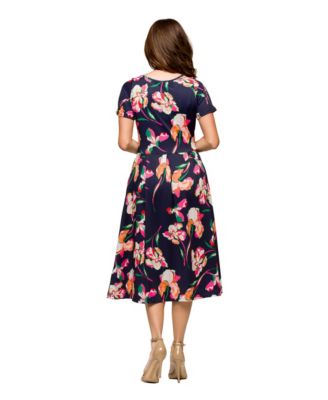 Women's Navy Floral Short Sleeve Pleated Flare Midi Pocket Dress