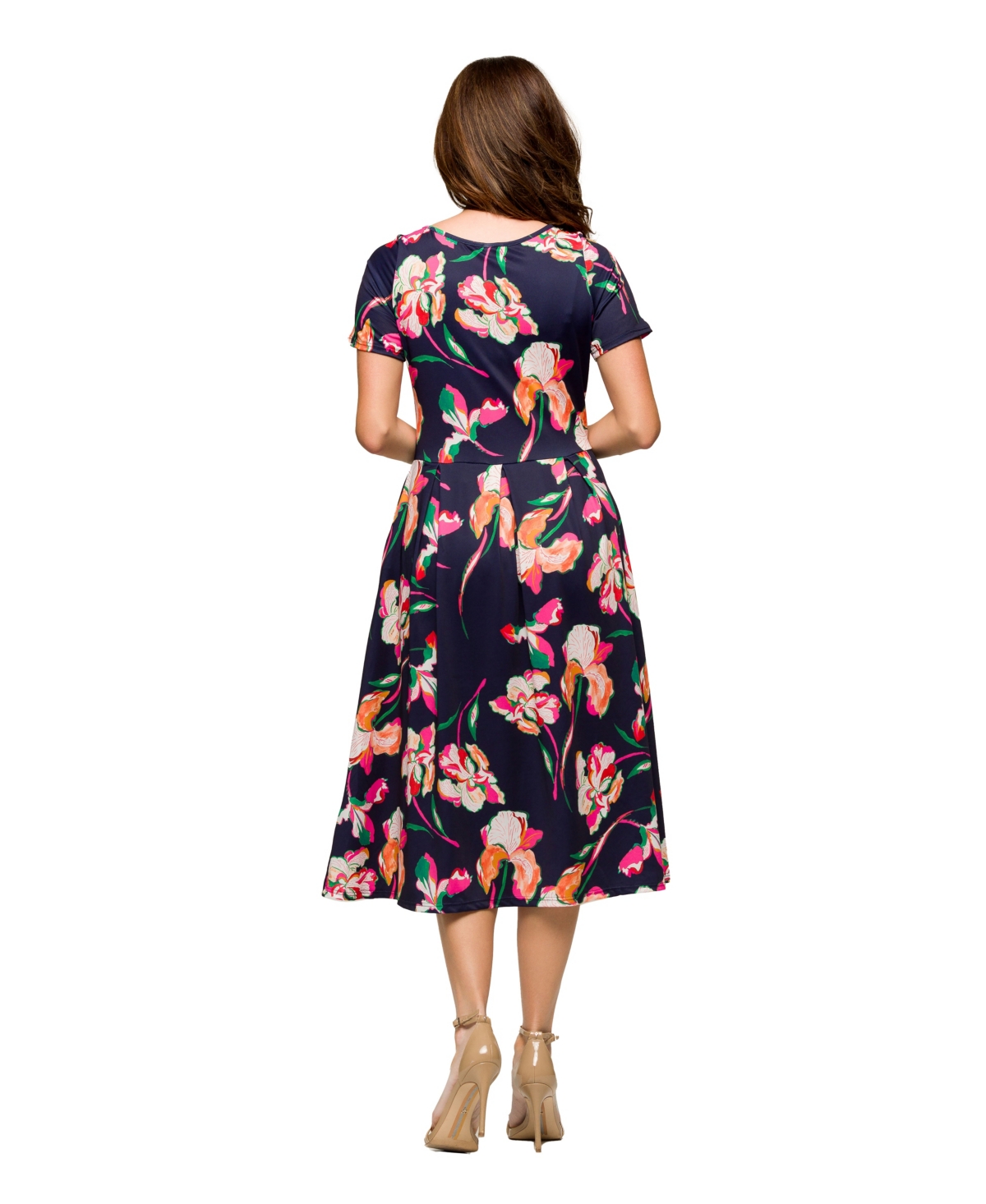 24seven Comfort Apparel Maternity Navy Floral Short Sleeve Pleated Flare Midi Pocket Dress In Navy Multi