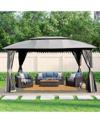 Gazebo 10x14FT, Outdoor Gazebo with Double Roofs, Privacy Curtains, Mosquito Nettings, Heavy Duty Metal Frame Party Tent Canopy for Patio, Backyard, Deck, Lawn, Brown