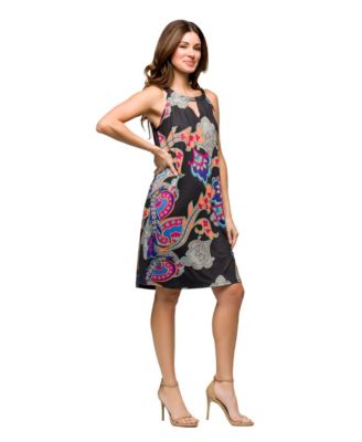 Women's Knee Length Black Paisley Print Sleeveless Keyhole Dress