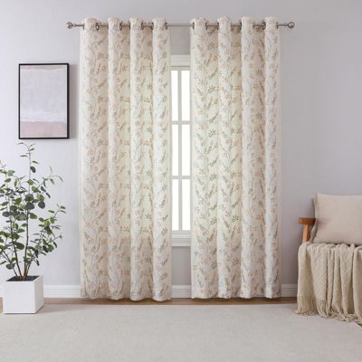 1 Piece Vanessa Floral Embroidered Linen Blend Semi Sheer Grommet Window Curtain Panel
