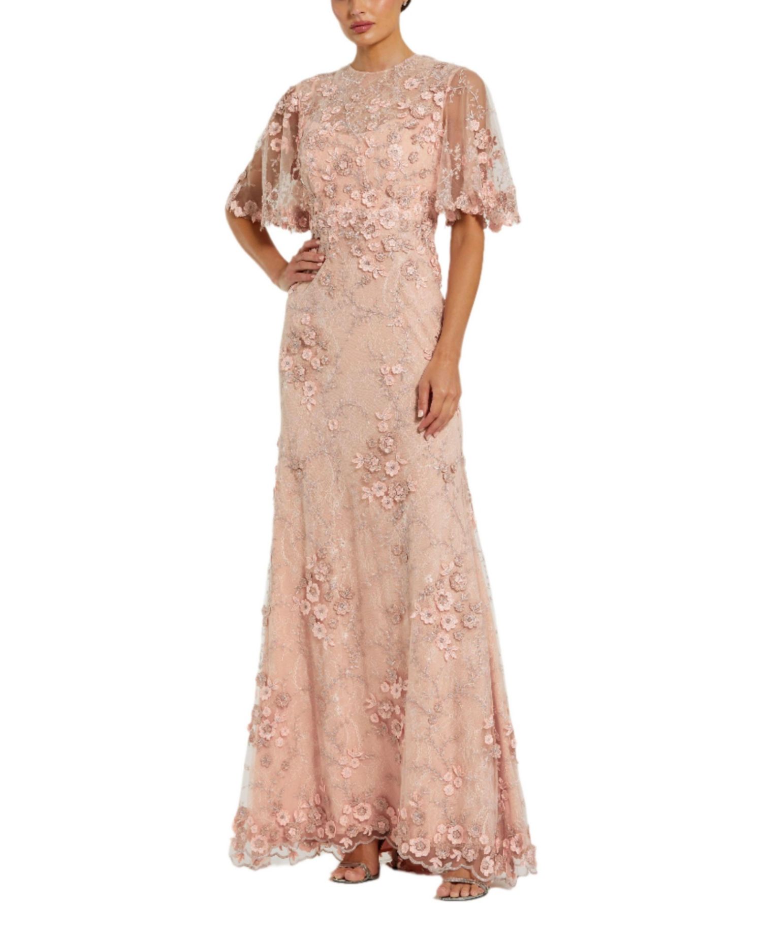 Women's Flutter Sleeve Floral Embroidered Net Gown