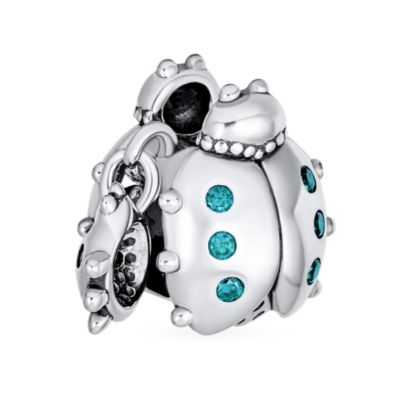 Set of 2 Insect Garden Ladybugs Red CZ Dangle Charm Bead Enamel Sterling Silver