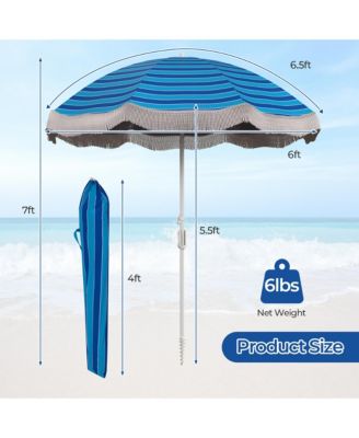 6.5 FT Beach Umbrella w/ Fringe Tassel Umbrella w/ Push Button Tilt Sand Anchor