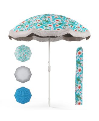 6.5 FT Beach Umbrella w/ Fringe Tassel Umbrella w/ Push Button Tilt Sand Anchor