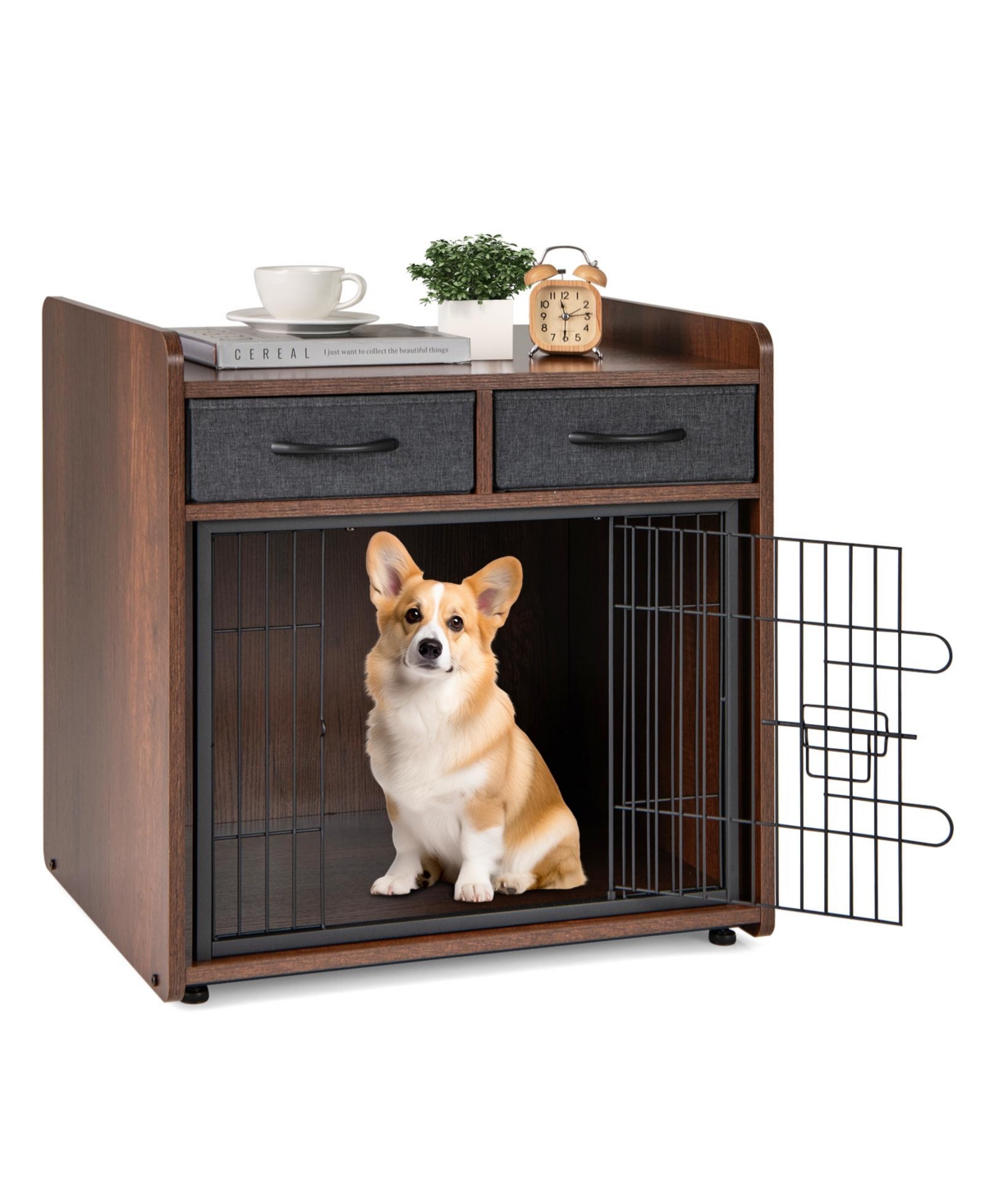 Indoor Dog Crate Furniture with 2 Fabric Drawers and End Table &#x2013; Multi-Functional Pet Cage for Home Use - Rustic Brown