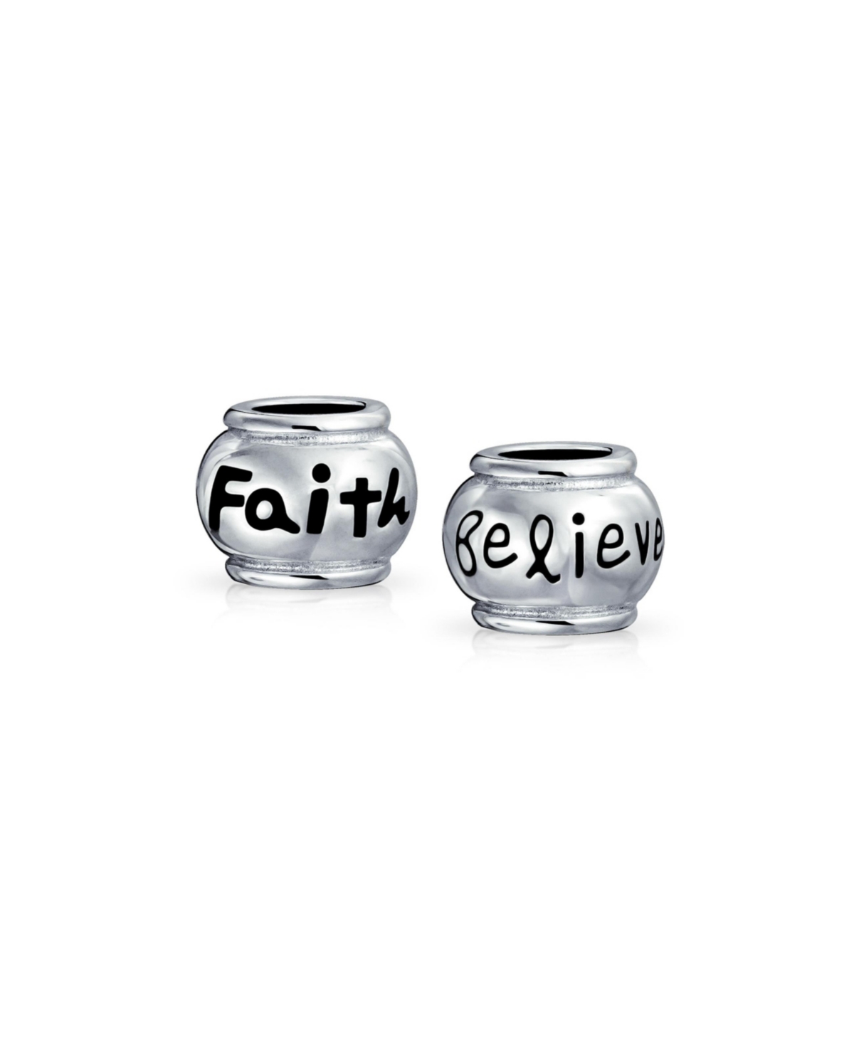 Set of 2 Word Faith & Believe Message Charm Bead Sterling Silver for European Bracelet - Silver set