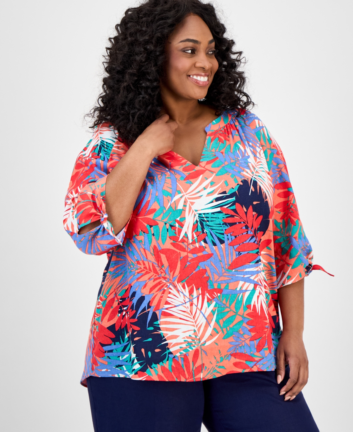 Plus Size Printed Tie-Sleeve Top - Coral Sun Multi