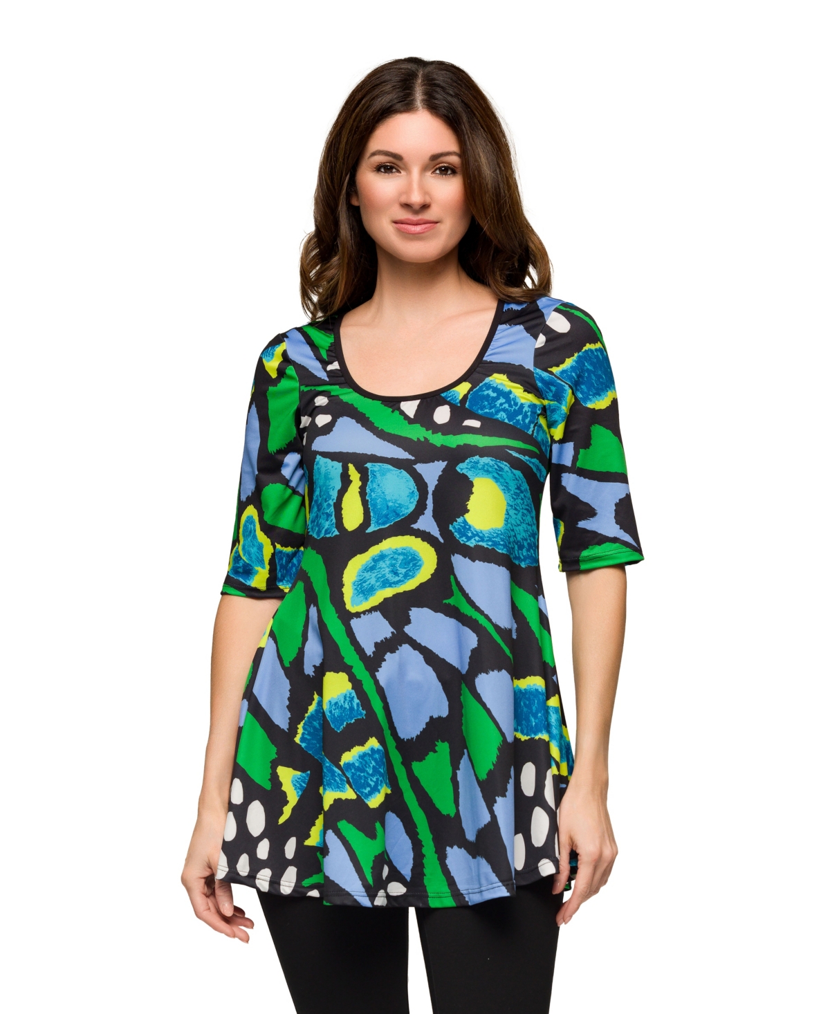 Women's Elbow Sleeve Casual Tunic Scoop Neckline Top - Green Mult