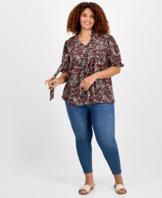 Plus Size Printed Tie-Neck Short-Puff-Sleeve Blouse 