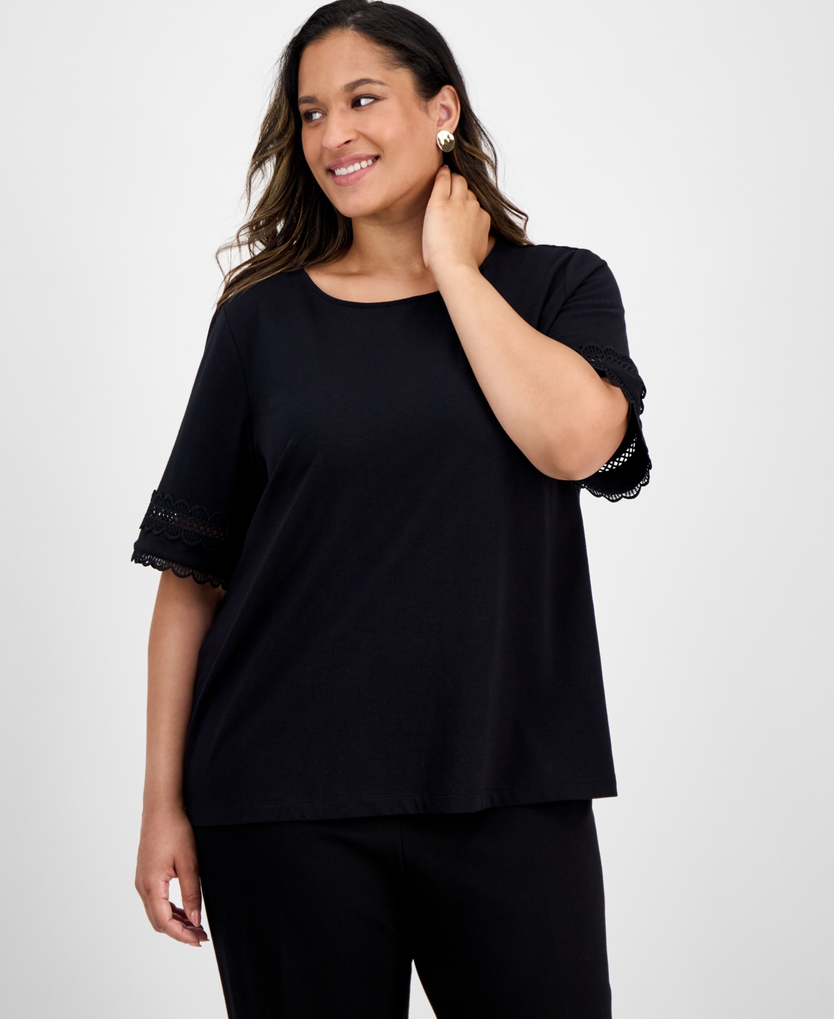Plus Size Elbow-Sleeve Lattice-Trim Top - Jones Black