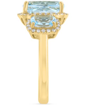 EFFY&reg; Sky Blue Topaz (4-1/4 ct. t.w.) & Diamond (1/4 ct. t.w.) Three Stone Halo Ring in 14k Gold