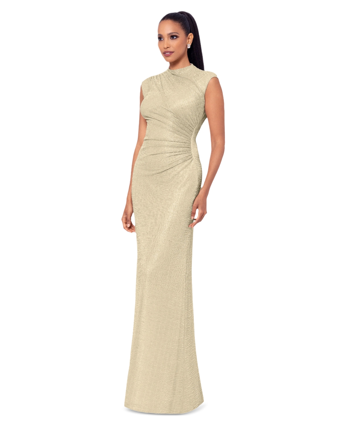 BETSY & ADAM PETITE RUCHED METALLIC CRINKLE GOWN 