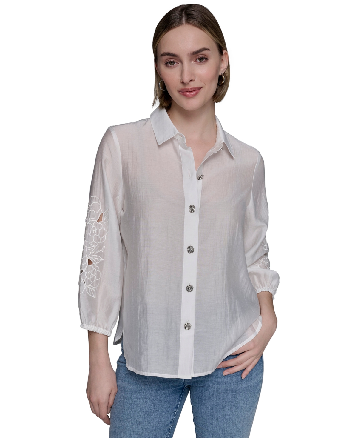 Women's Floral Cutout Blouse - Soft White