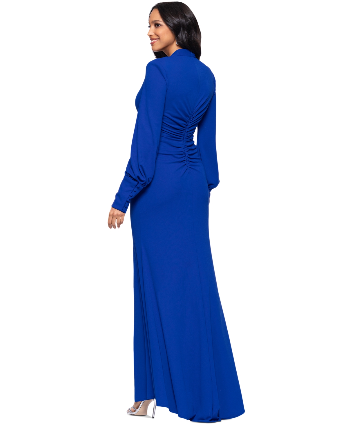 BETSY & ADAM PETITE LONG-SLEEVE RUCHED GOWN 