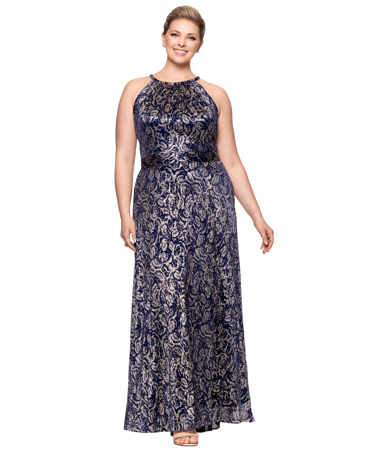 BETSY & ADAM PLUS SIZE METALLIC FLORAL PRINT SLEEVELESS GOWN 