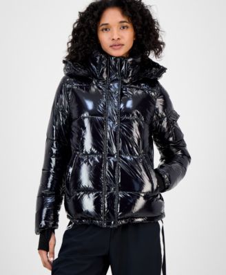 Women's Ella Hooded Thumbhole-Cuff Shine Puffer Coat