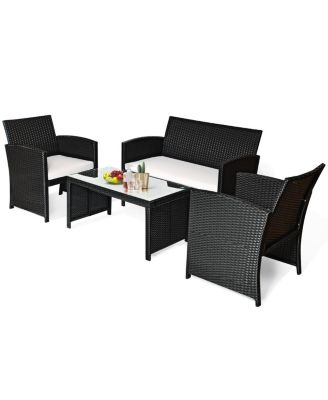 8PCS Patio Rattan Furniture Conversation Set Cushioned Sofa Table Garden