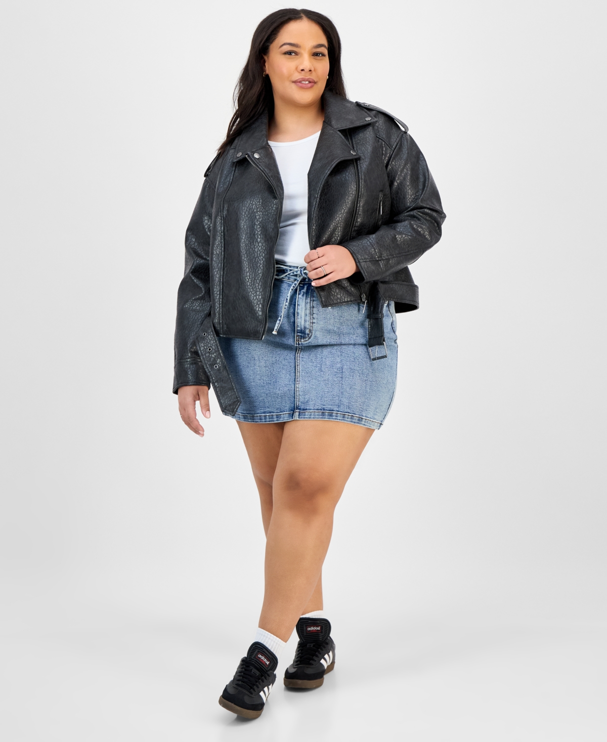 Jou Jou Trendy Plus Size Faux-leather Belted Jacket In Gray