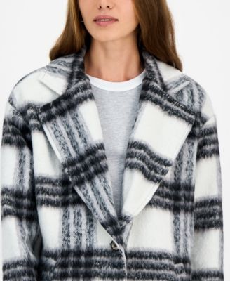 Juniors' Button-Front Plaid Coat