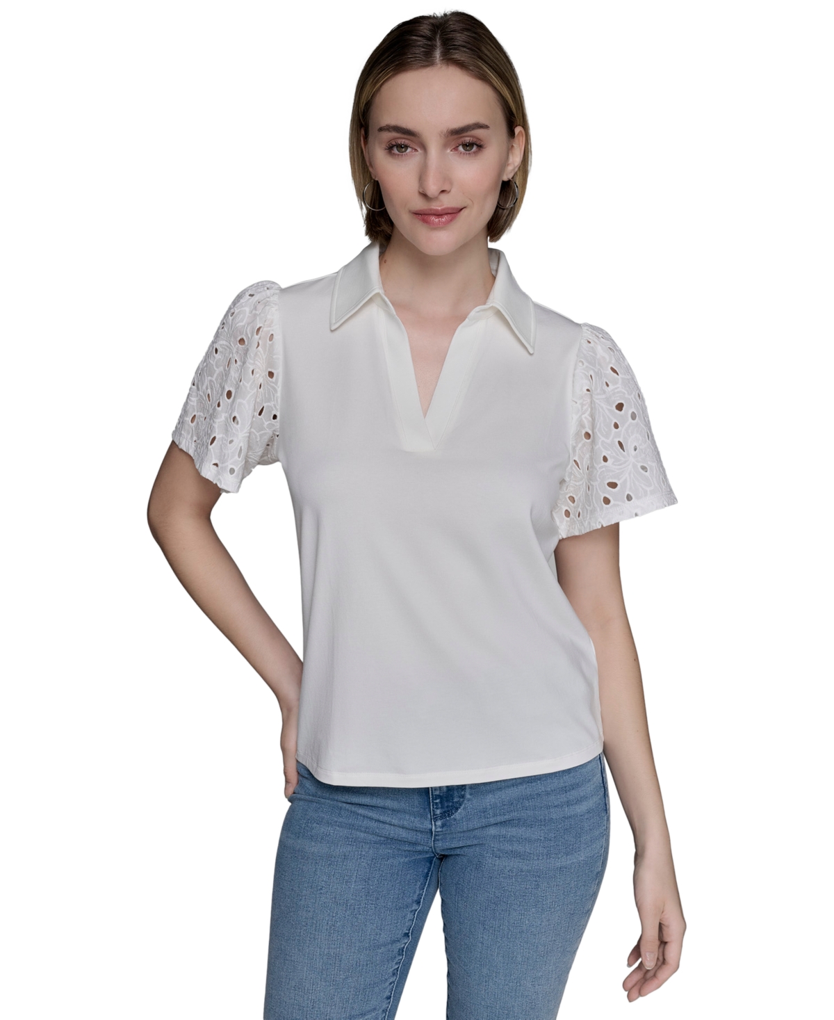 Women's Mixed-Media Eyelet Knit Top - Coral