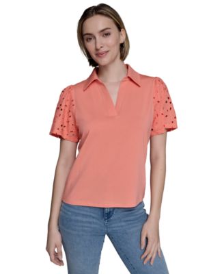 KARL LAGERFELD PARIS - Women's Mixed-Media Eyelet Knit Top
