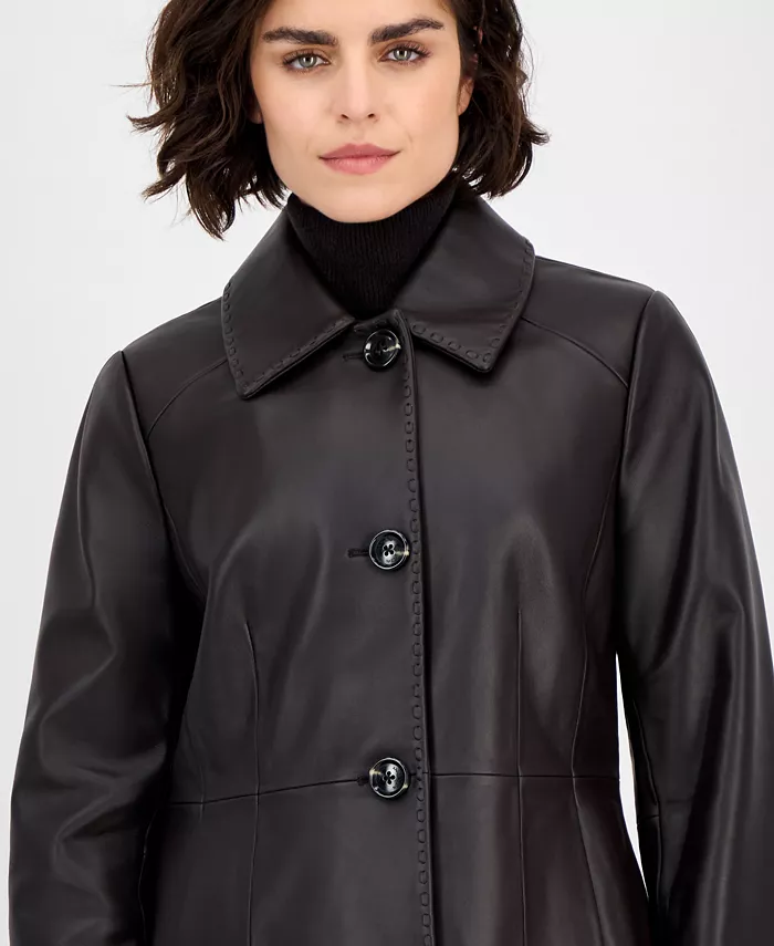 Women's Single-Breasted Leather Coat - thumbnail 6