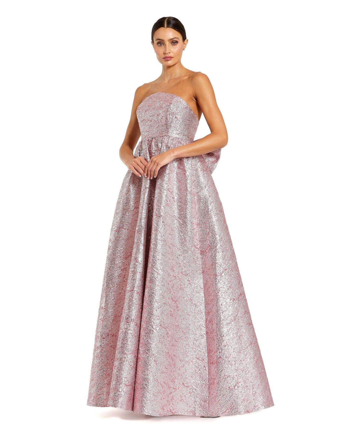 Women's Metallic Strapless Brocade Gown With Oversized Bow
