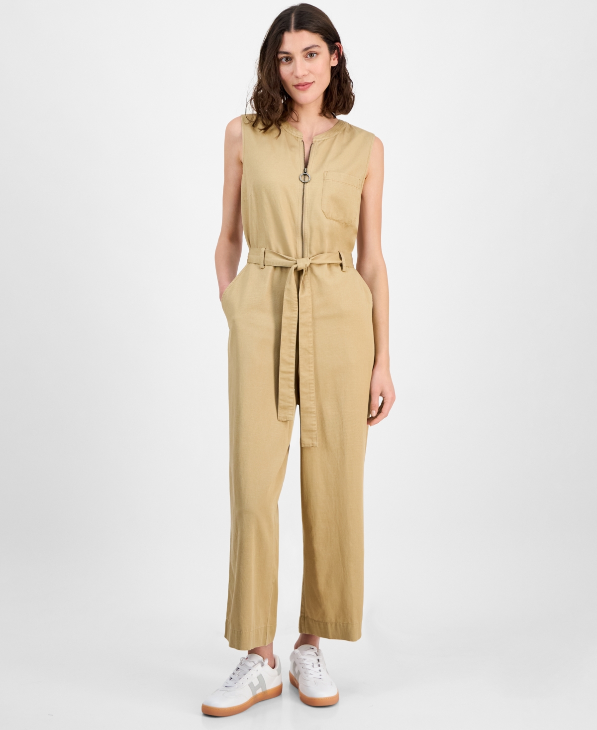 Women's Sleeveless Belted Jumpsuit - Tannin