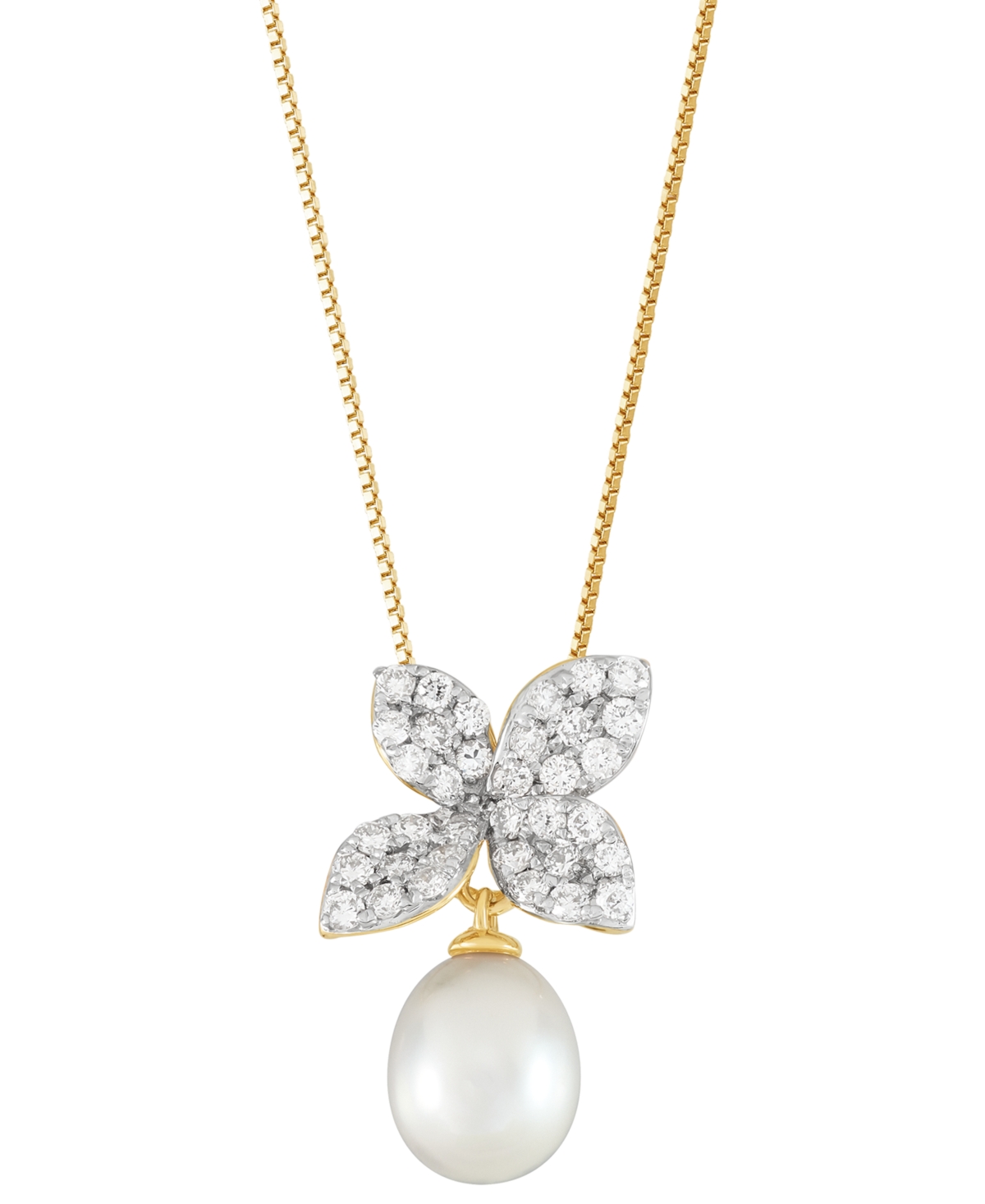 Cultured Freshwater Oval Pearl (7 - 7-1/2mm) & Lab Grown Diamond (1/2 ct. t.w.) Floral 18" Pendant Necklace in 14k Gold - Gold