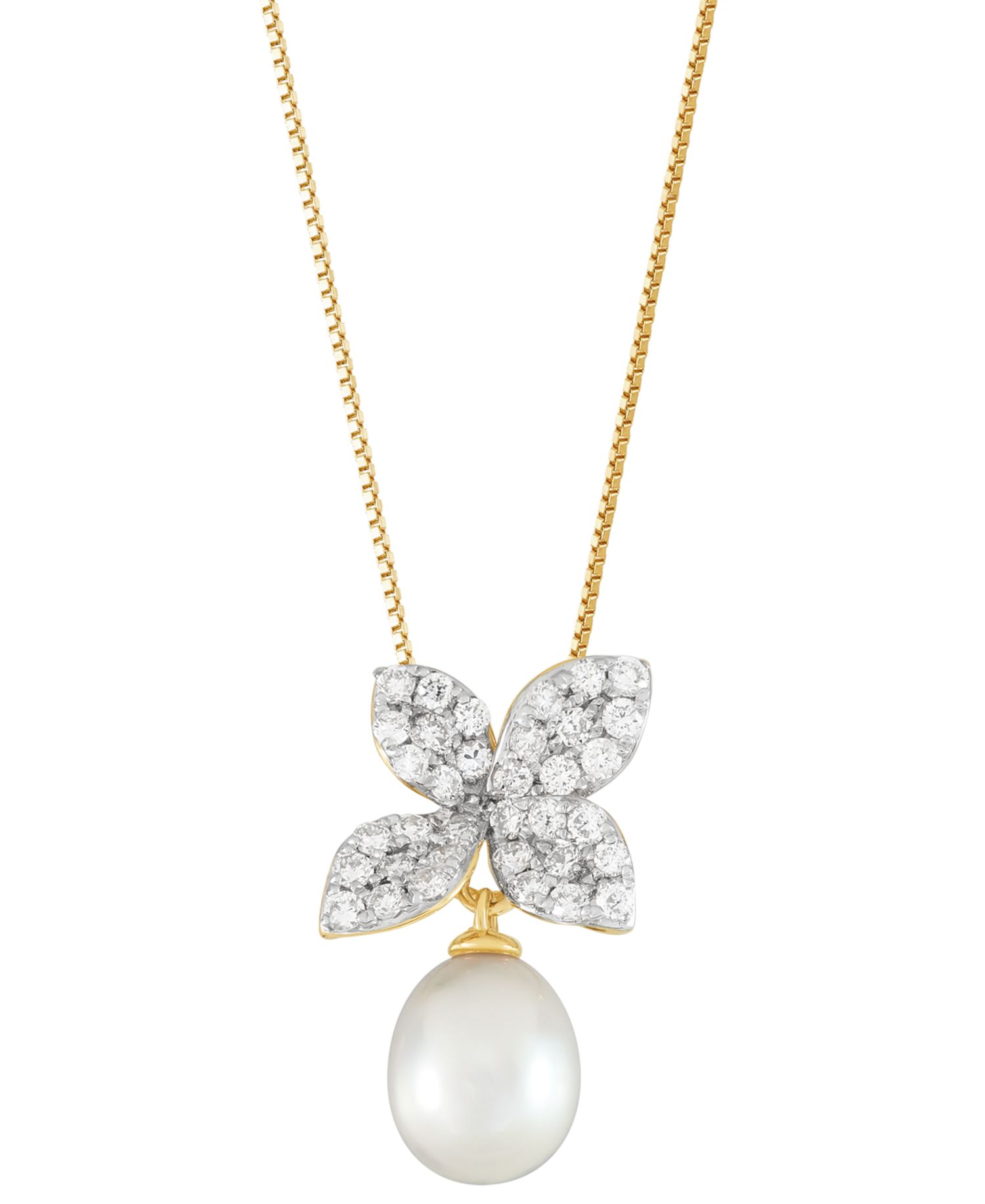 Cultured Freshwater Oval Pearl (7 - 7-1/2mm) & Lab Grown Diamond (1/2 ct. t.w.) Floral 18" Pendant Necklace in 14k Gold