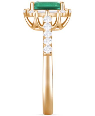 Emerald (1 ct. t.w.) & Diamond (3/8 ct. t.w.) Round & Baguette Halo Ring in 14k Gold (Also in Ruby & Sapphire)